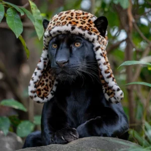 Una pantera con un gorro de leopardo print