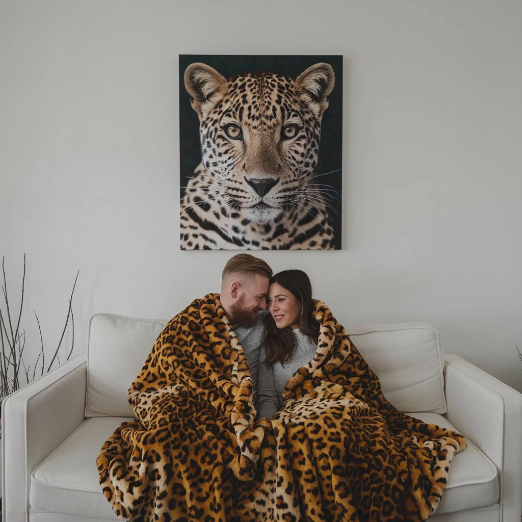 Una pareja de un chico y una chica en un sofá tapados con una manta de leopardo print.