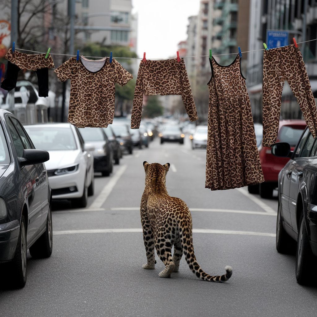 ¿Cómo se le llama a la ropa de leopardo? Es lo que parece estar preguntándose este el leopardo que mira la ropa tendida con su propio estampado. Está en mitad de una ciudad.