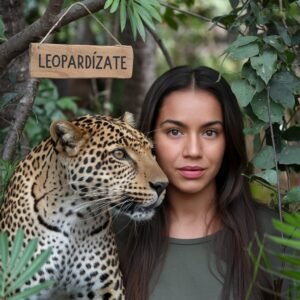 Un leopardo y una chica con un cartel que dice Leopardízate.